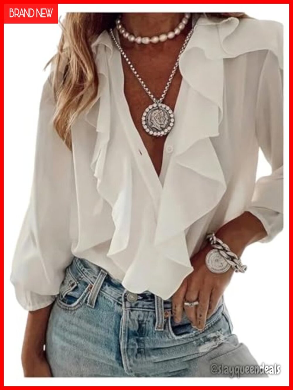 Ruffled V-Neck Button Down Blouse 3/4 Sleeve Business Casual Office Top